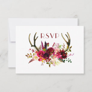 Cartão RSVP Burgundy Floral Antlers entrada + convidados