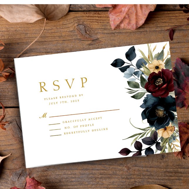 Cartão RSVP Burgundy Floral Blooms & Greenery Casamento (Criador carregado)