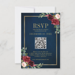 Cartão RSVP Burgundy Floral Dourado Frame Marinho Blue QR code