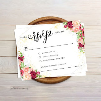 Cartão RSVP Burgundy Floral Gold Polygonal Geometric Wedding