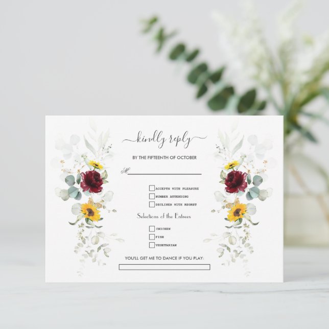Cartão RSVP Burgundy Floral Sunflowers Airy Leaves Wedding    (Em pé/Frente)