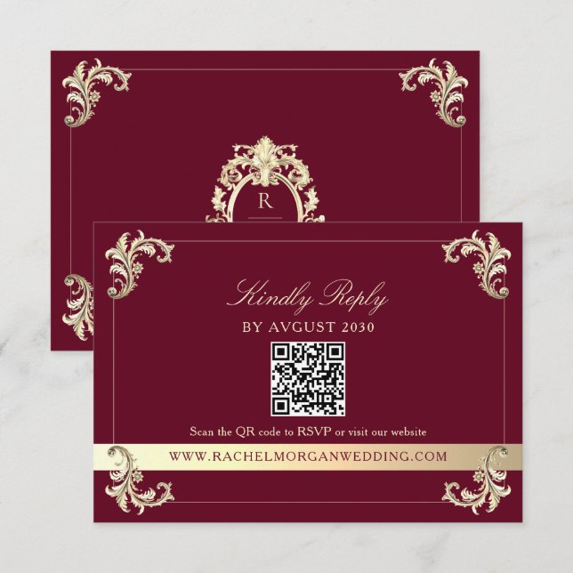 Cartão RSVP Burgundy Gold Baroque QR Code Wedding (Frente/Verso)