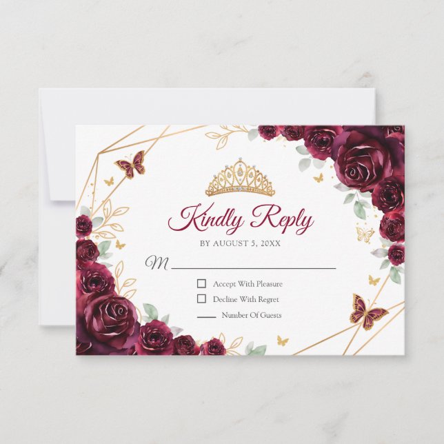 Cartão RSVP Burgundy Gold Floral Quinceanera Reply (Frente)