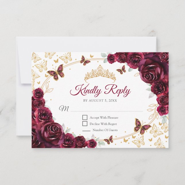 Cartão RSVP Burgundy Gold Floral Quinceanera Reply (Frente)