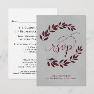 Cartão RSVP Burgundy Laurel Sai do Casamento Elegante de Cinza