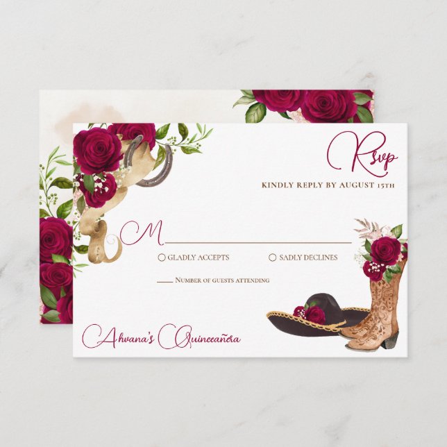 Cartão RSVP Burgundy Merlot Charro Western Quinceanera (Frente/Verso)