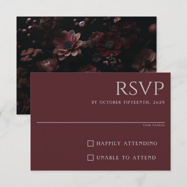 Cartão RSVP Burgundy Moody Floral (Frente/Verso)