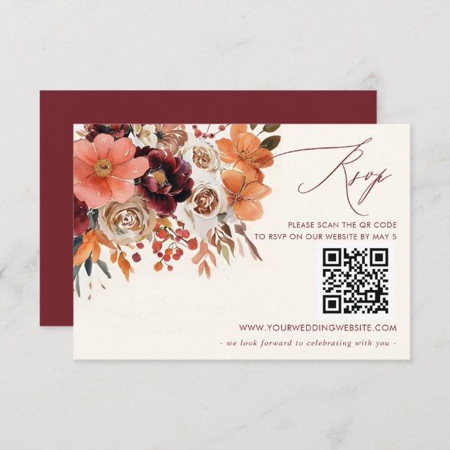 Cartão RSVP Burgundy Orange Floral Casamento outono QR CODE (Frente/Verso)