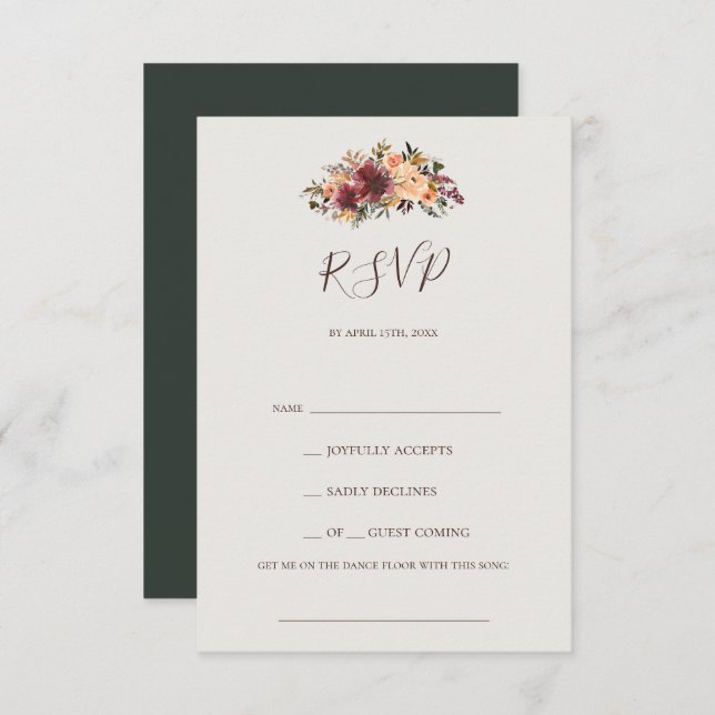 Cartão RSVP Burgundy Orange Floral Green Song (Frente/Verso)