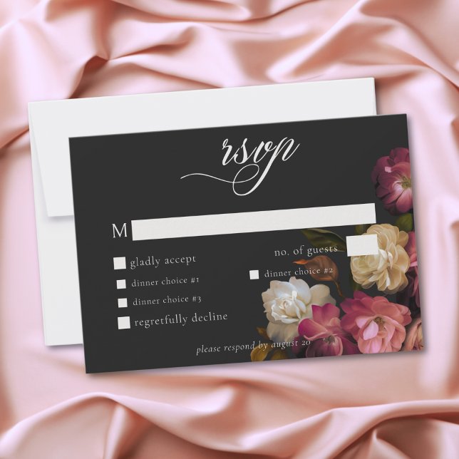 Cartão RSVP Burgundy & Pink Romantic Rose Black Moody Wedding (Burgundy & Pink Romantic Rose Black Moody Wedding RSVP Card)
