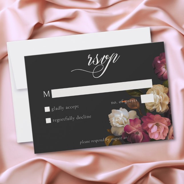 Cartão RSVP Burgundy & Pink Romantic Rose Black Moody Wedding (Burgundy & Pink Romantic Rose Black Moody Wedding RSVP Card)