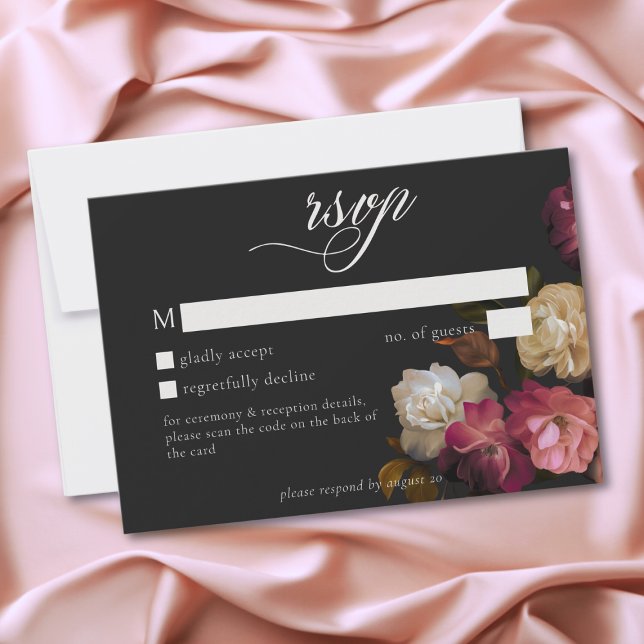 Cartão RSVP Burgundy Pink Romantic Rose Black Moody Wedding QR (Burgundy & Pink Romantic Rose Black Moody Wedding QR RSVP Card)