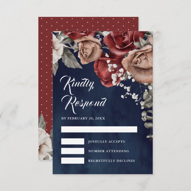 Cartão RSVP Burgundy Red Roses Floral Navy Blue Wedding (Frente/Verso)