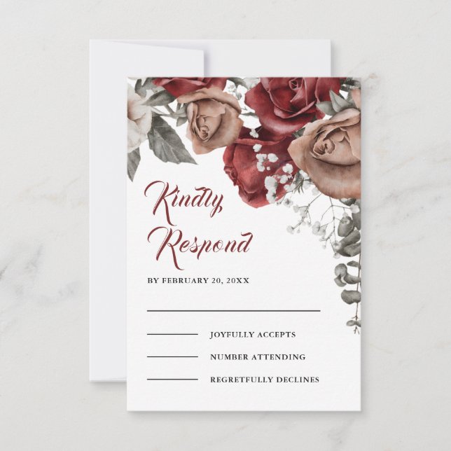 Cartão RSVP Burgundy Red Roses Floral Wedding (Frente)