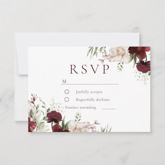Cartão RSVP Burgundy Red & White Flowers Elegant Wedding (Frente)