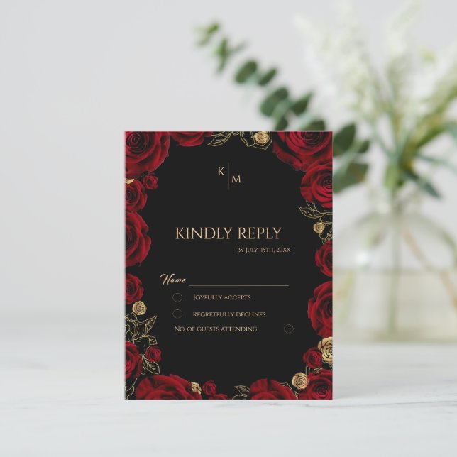 Cartão RSVP Burgundy Roses Boho Wedding (Em pé/Frente)