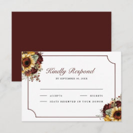 Cartão RSVP Burgundy Roses Sunflowers Wedding