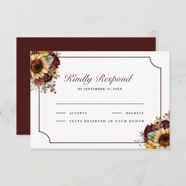Cartão RSVP Burgundy Roses Sunflowers Wedding (Frente/Verso)