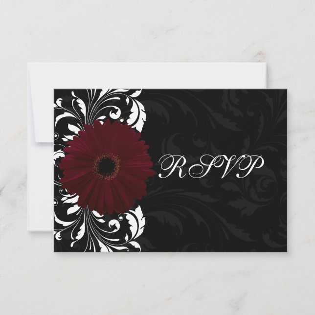 Cartão RSVP Burgundy Scroll Gerbera Daisy w/RSVP Preto (Frente)