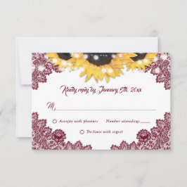 Cartão RSVP Burgundy Sunflower Lace Burlap Hearts Wedding