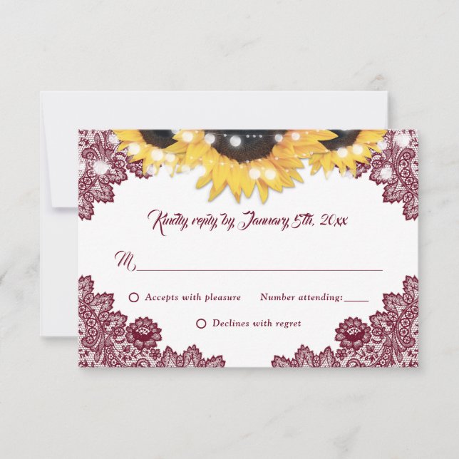 Cartão RSVP Burgundy Sunflower Lace Burlap Hearts Wedding (Frente)