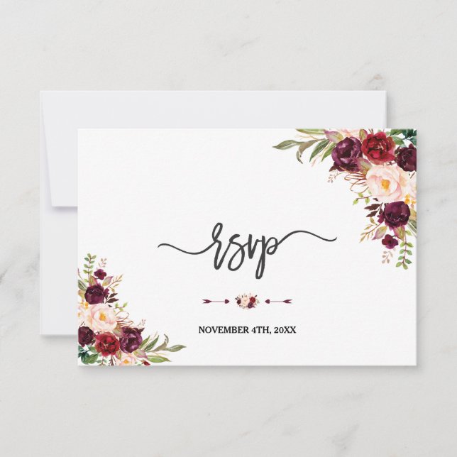 Cartão RSVP Burgundy Vermelho Marsala Floral Lettering à Mão R (Frente)