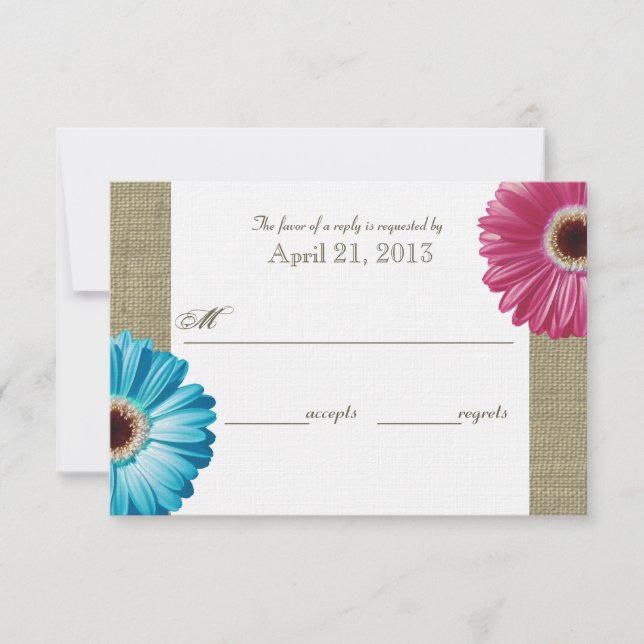 Cartão RSVP Burlap and Daisy Pink and Blue Response Card (Frente)