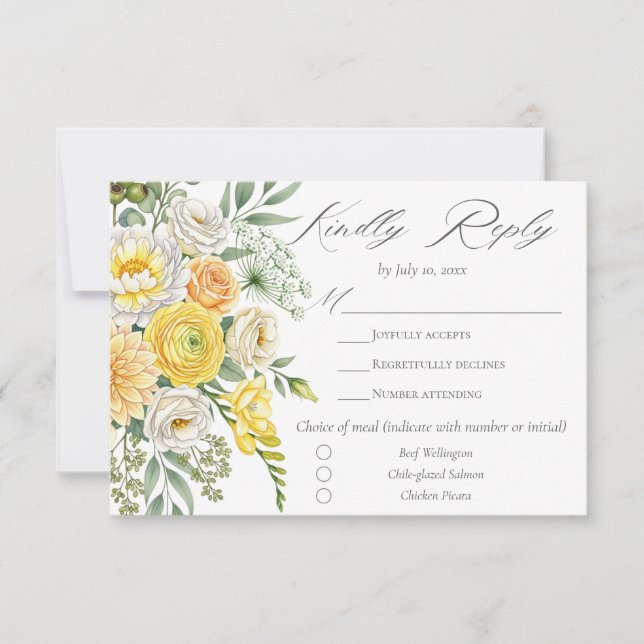 Cartão RSVP Butter Yellow Peach Sage Green Floral Wedding Meal (Frente)