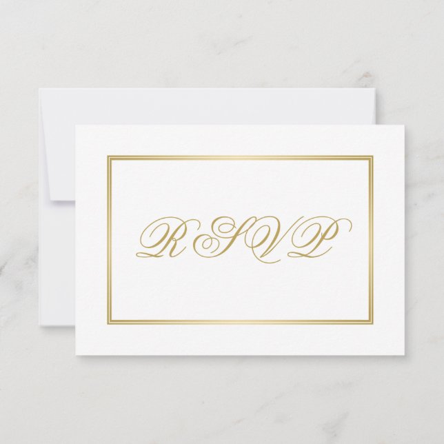 Cartão RSVP Caligrafia Dourada Elegante no Casamento Branco (Verso)