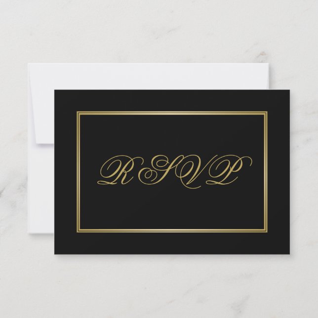 Cartão RSVP Caligrafia Dourada Elegante no Casamento Negro (Verso)