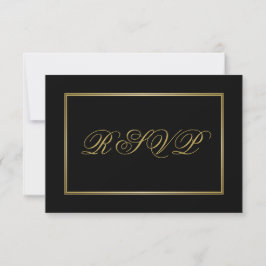 Cartão RSVP Caligrafia Dourada Elegante no Casamento Negro