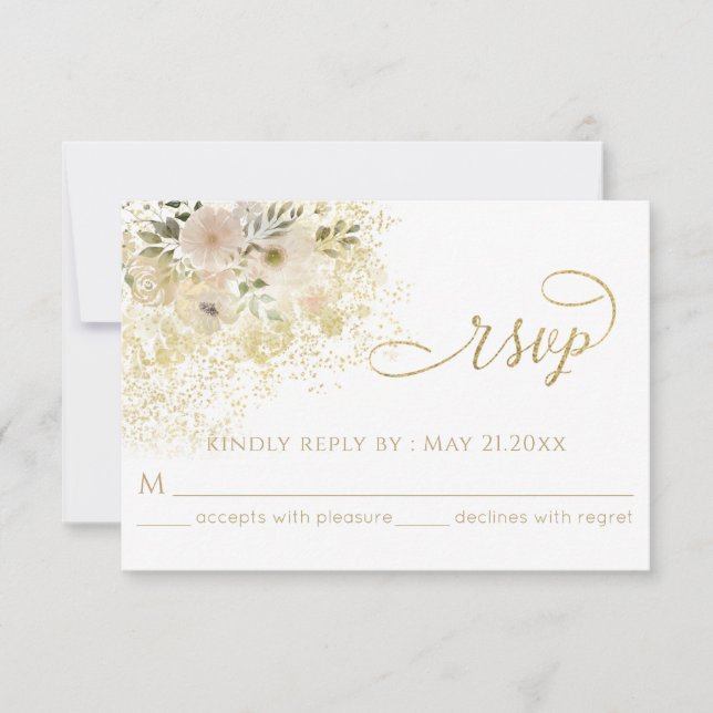 Cartão RSVP Caligrafia dourada floral romântica rosa suave (Frente)