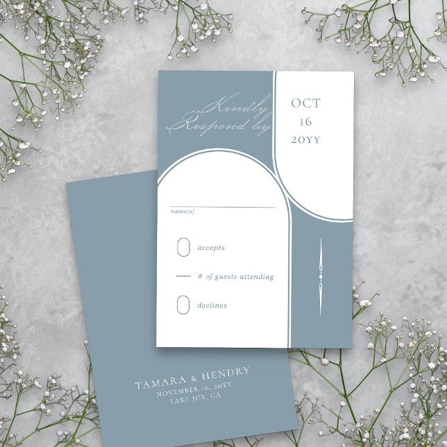 Cartão RSVP Caligrafia Elegante Arca Moderna Casamento Azul Du (Dusty Blue RSVP card  from my Wedding Colors Collection)