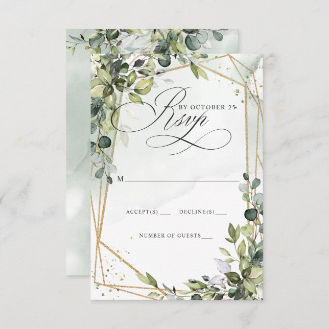 Cartão RSVP Caligrafia Elegante Casamento Eucalyptus (Frente/Verso)