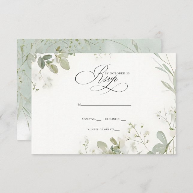 Cartão RSVP Caligrafia Elegante Casamento Eucalyptus (Frente/Verso)