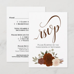 Cartão RSVP Caligrafia Elegante e Rosas Cor de Ferrugem Casame