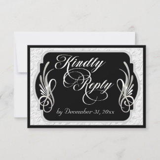 Cartão RSVP Caligrafia Elegante & Relevo Falso - Prata/Preto