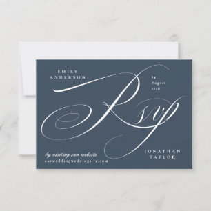 Cartão RSVP Caligrafia Romântica Elegante Marinho Azul e Branc