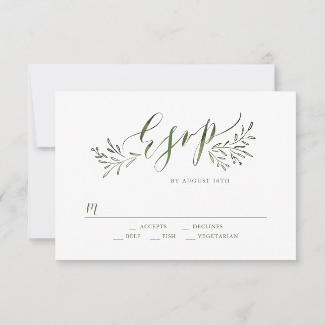 Cartão RSVP Caligrafia verde-sábio casamento floral rústico RS (Frente)