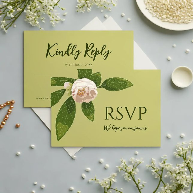 Cartão RSVP Camélia e Verde Simples Elegante (Camellia and Greenery Simple Elegant Save the Date RSVP Card)