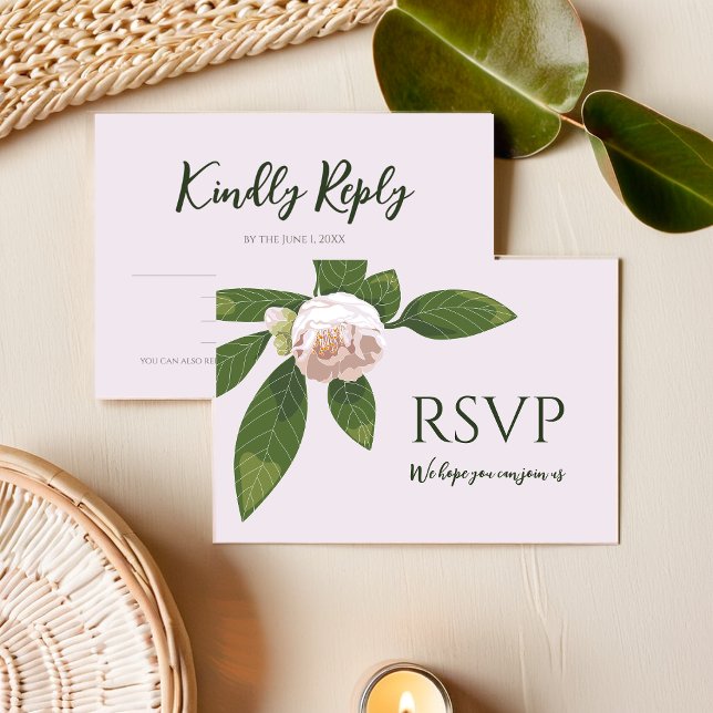 Cartão RSVP Camellia e Greenery Simple Elegante (Camellia and Greenery Simple Elegant Save the Date RSVP Card)