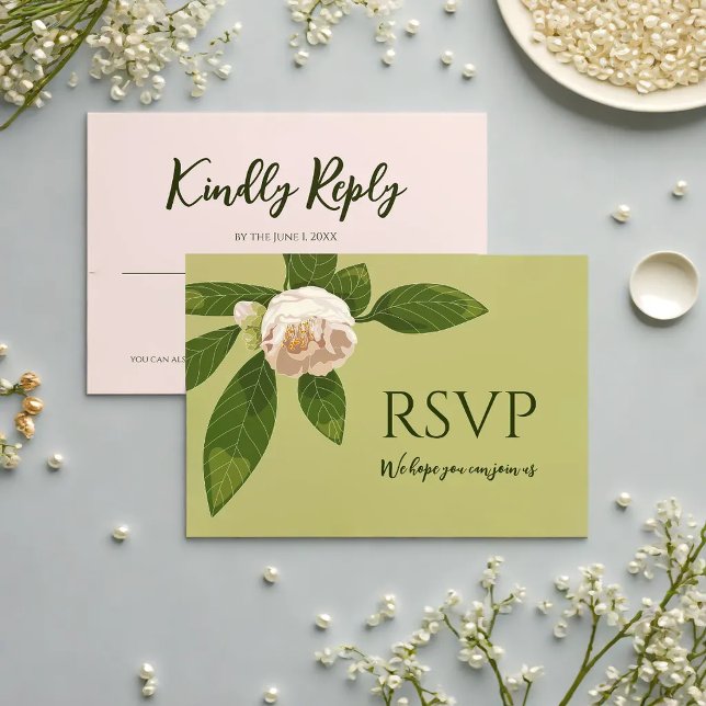 Cartão RSVP Camellia e Greenery Simple Elegante (Camellia and Greenery Simple Elegant Save the Date RSVP Card)