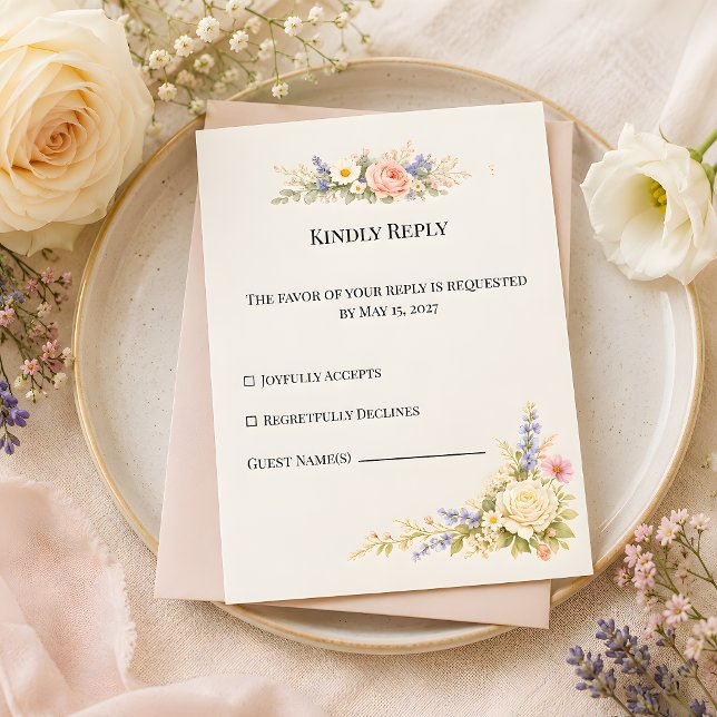 Cartão RSVP Campo de Flores Silvestres de Luxo & Florais Paste (Part of the luxury wildflower meadow wedding theme collection, RSVP card)