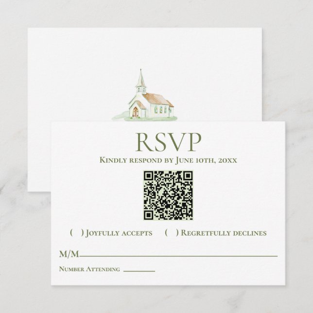 Cartão RSVP Capela de casamento elegante em aquarela (Frente/Verso)