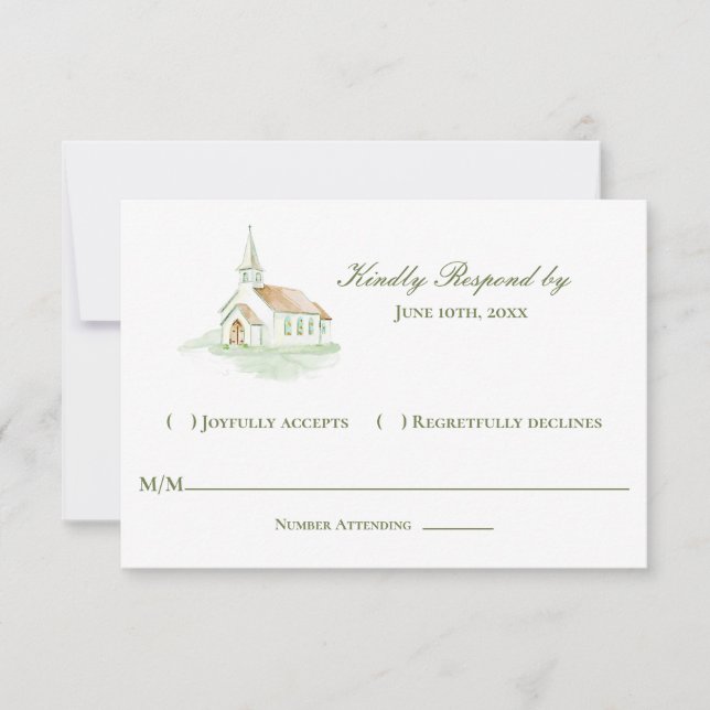 Cartão RSVP Capela de casamento em aquarela elegante (Frente)