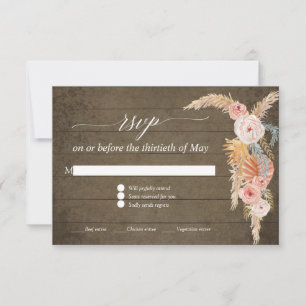 Cartão RSVP Capim das Pampas Boho Rosa Floral Rústico Madeira 