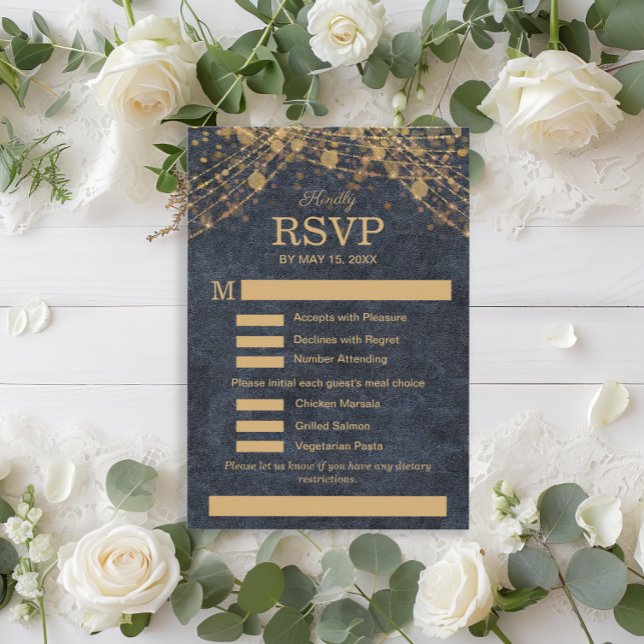 Cartão RSVP Cardápio de Casamento Azul Marinho Dourado Glam Rú (Rustic glam blue gold string lights wedding RSVP/meal choice card)