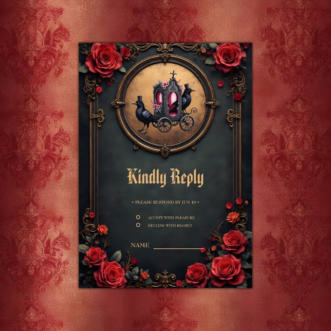 Cartão RSVP Carruagem Gótica com Ravens e Rosas (Criador carregado)