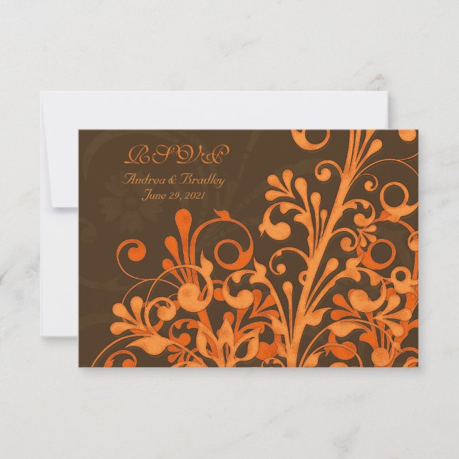 Cartão RSVP Cartão-Resposta de Casamento Floral Laranja Marrom (Frente)