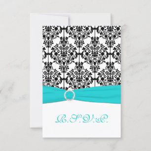 Cartão RSVP Cartão-resposta em Damasco Aqua, Branco e Preto 2